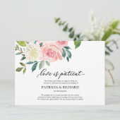 Liefde is geduldig blozen bloemenbruiloft uitstel kaart (Staand voorkant)