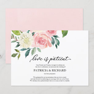 Liefde is geduldig blozen bloemenbruiloft uitstel kaart