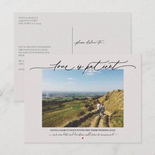 Liefde is geduldig bruiloft uitstel Mauve Briefkaart (Voorkant / Achterkant)