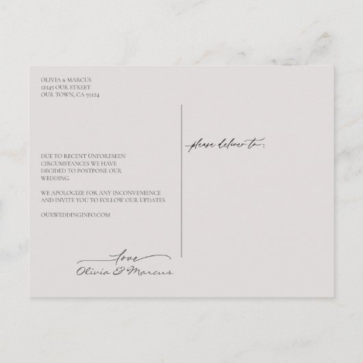 Liefde is geduldig bruiloft uitstel Mauve Briefkaart (Achterkant)