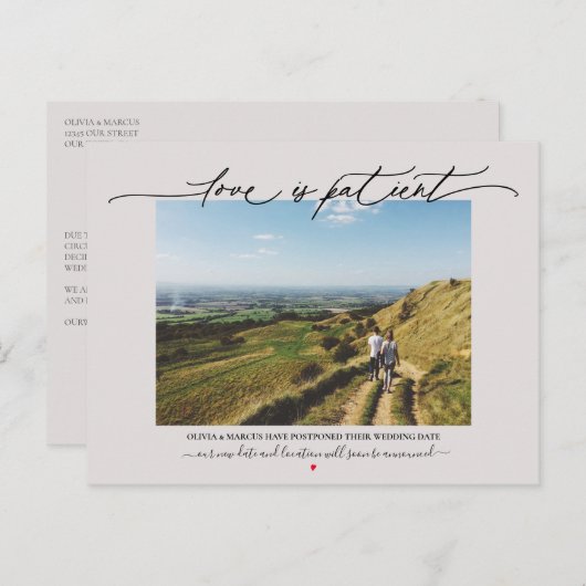 Liefde is geduldig bruiloft uitstel Mauve Briefkaart (Voorkant / Achterkant)