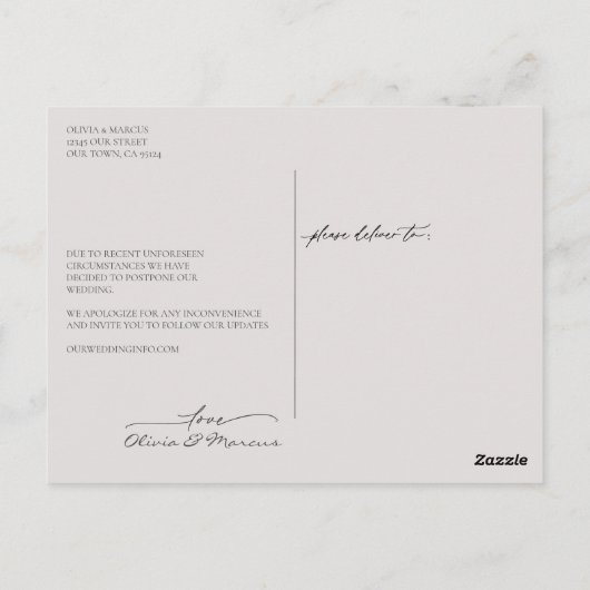 Liefde is geduldig bruiloft uitstel Mauve Briefkaart (Achterkant)