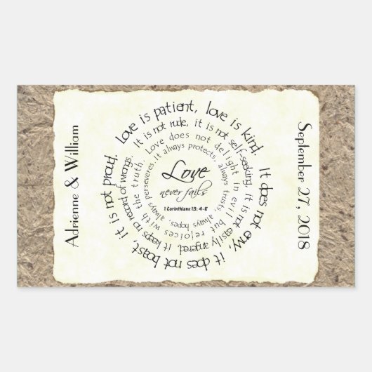 Liefde is geduldig, circulaire tekst bruiloft Stic Rechthoekige Sticker (Voorkant)