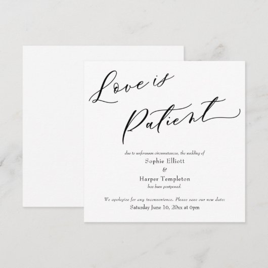 Liefde is geduldig eenvoudige uitgestelde bruiloft kaart (Voorkant / Achterkant)