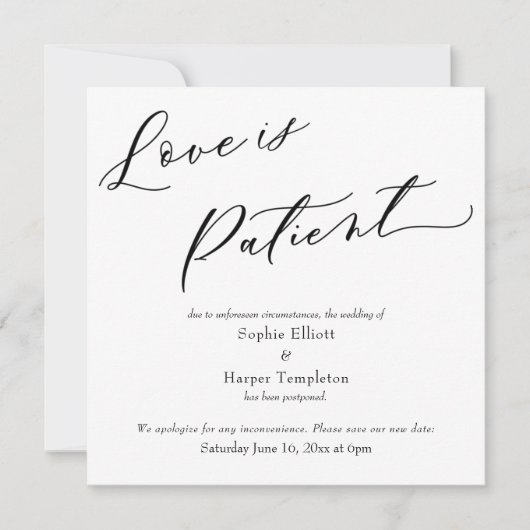 Liefde is geduldig eenvoudige uitgestelde bruiloft kaart (Voorkant)