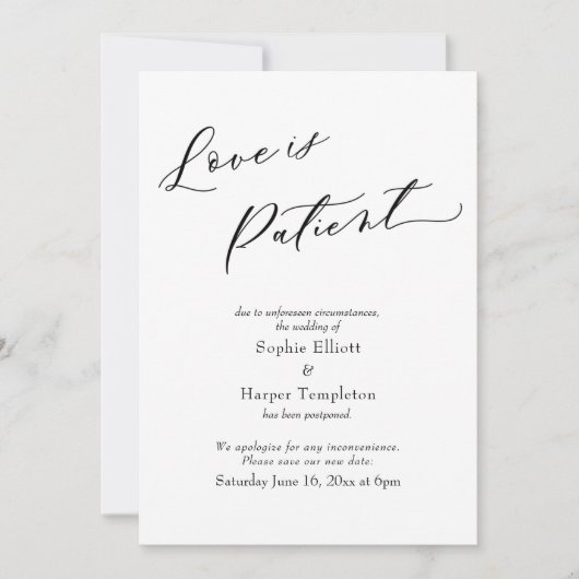 Liefde is geduldig eenvoudige uitgestelde bruiloft kaart (Voorkant)