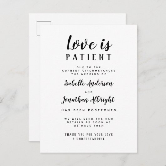 Liefde is Geduldig Elegant Uitgestelde Bruiloft Uitnodiging Briefkaart (Voorkant / Achterkant)