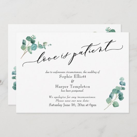 Liefde is Geduldig Eucalyptus Uitgestelde Trouwkaa Kaart (Voorkant / Achterkant)