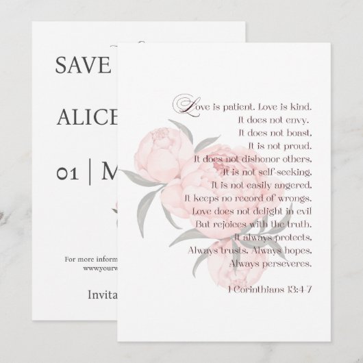 Liefde is geduldig – Floral Scripture Save the Dat Save The Date (Voorkant / Achterkant)