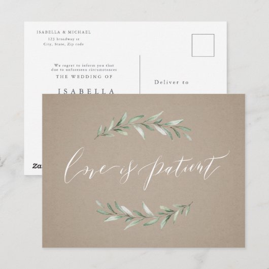 Liefde is geduldig groen bruiloft uitstel briefkaart (Voorkant / Achterkant)