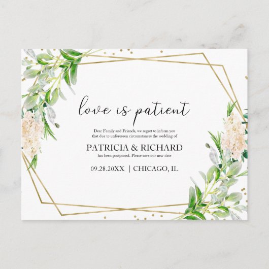 Liefde is geduldig groen New Date Wedding Briefkaart (Voorkant)