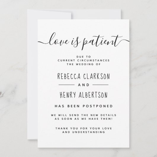 Liefde is geduldig handgeschreven uitgestelde brui kaart (Voorkant)
