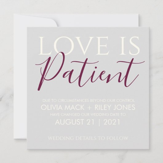 Liefde is Geduldig Huwelijksuitstel Aankondiging (Voorkant)