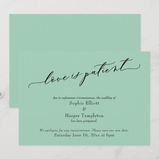 Liefde is geduldig licht groen uitgestelde bruilof kaart (Voorkant / Achterkant)