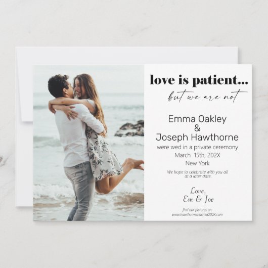 "Liefde is geduldig, maar we zijn niet" Wedding Ph Aankondiging (Voorkant)