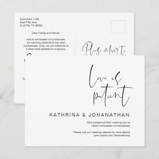 Liefde is geduldig, minimalistische weddenschap ui briefkaart (Voorkant / Achterkant)