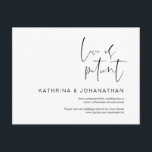 Liefde is geduldig, minimalistische weddenschap ui briefkaart<br><div class="desc">Dit is het moderne minimalisme,  in Black font,  Wedding party nodigt Rescheduled (liefde is patiënt) briefkaart uit. Het is de perfecte en elegante manier om je vrienden en familie op de hoogte te stellen van de nieuwe planning.</div>