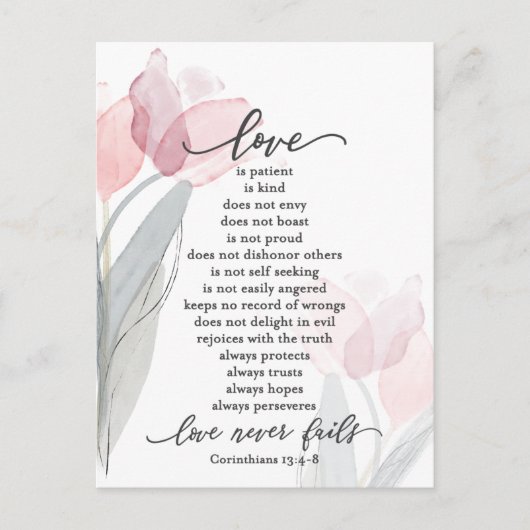 Liefde is Geduldig Roze Tulpen Bijbel Bruiloft Briefkaart (Voorkant)