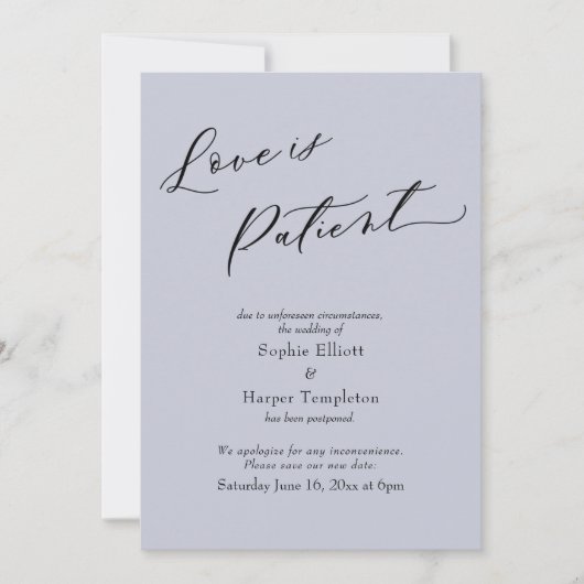 Liefde is geduldig stofblauw uitgesteld bruiloft K Kaart (Voorkant)
