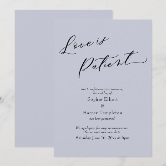 Liefde is geduldig stofblauw uitgesteld bruiloft K Kaart (Voorkant / Achterkant)