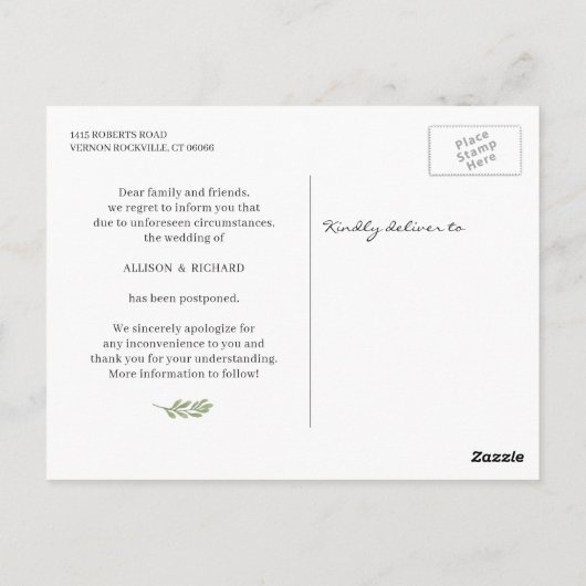 Liefde is Geduldig Uitgesteld Trouwen Chic Eucalyp Briefkaart (Achterkant)