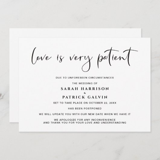 Liefde is Geduldig Uitstel Trouwen Elegant Aankondiging (Voorkant / Achterkant)