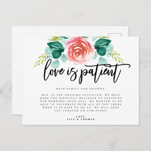 Liefde Is Geduldig Uitstel Van De Bruiloft Aankondigingskaart (Voorkant / Achterkant)