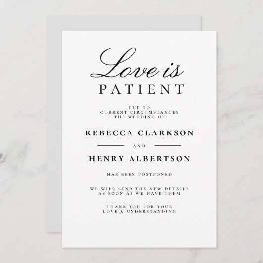 Liefde is Geduldig Zwart & Wit Huwelijksaankondigi Kaart (Voorkant / Achterkant)