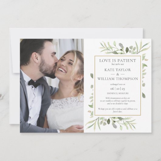 Liefde is geduldige elopement bruiloft aankondigin kaart (Voorkant)