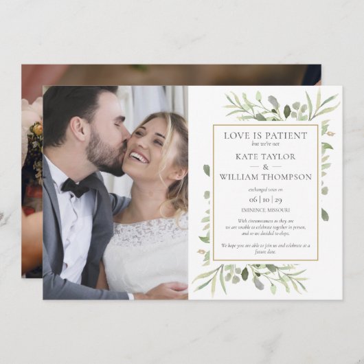 Liefde is geduldige elopement bruiloft aankondigin kaart (Voorkant / Achterkant)