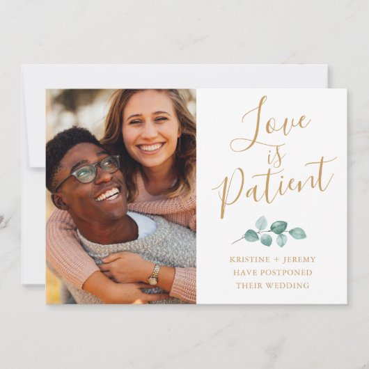 Liefde is geduldige foto gouden script uitgesteld save the date (Voorkant)