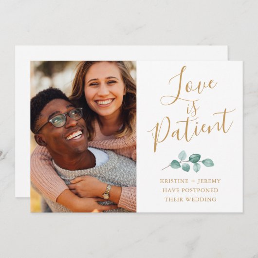 Liefde is geduldige foto gouden script uitgesteld save the date (Voorkant / Achterkant)