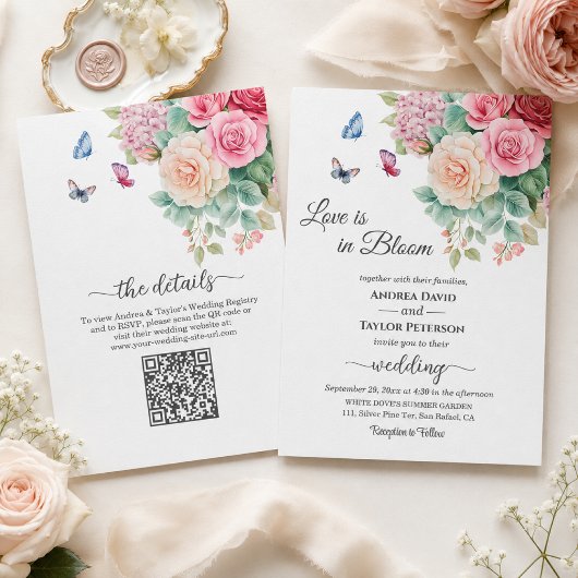 Liefde is in bloei Alles in één QR-code bruiloft Kaart