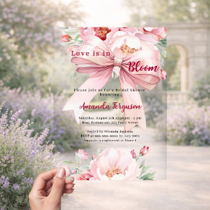 Liefde is in bloei bloemen roze lint Bruidsfeest Acryl Uitnodigingen