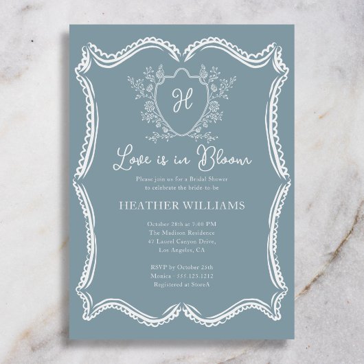 Liefde is in bloei Regency Crest Blauwe Bruiloftsd Kaart