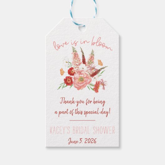 Liefde is in bloei! Rood & Roze Boeket Bruidsdouch Cadeaulabel (Voorkant)