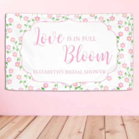 Liefde is in bloei Roze bloemige bruids-shower Spandoek