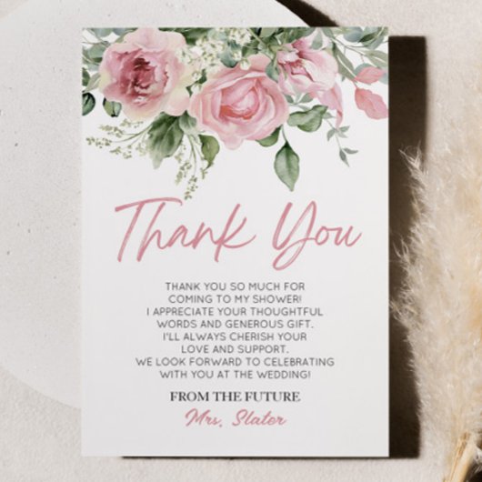 Liefde is in bloei Roze Roos Bloemige Bruiloftsdou Bedankkaart