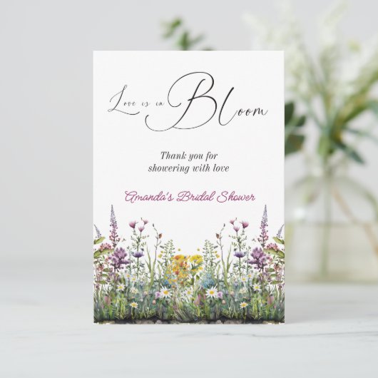 Liefde is in bloei Wilde bloemen Bruiloft Bridal S Bedankkaart (Staand voorkant)