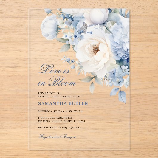 Liefde is in Bloom Blue Flowers Vrijgezellenfeest Acryl Uitnodigingen (Voorkant)