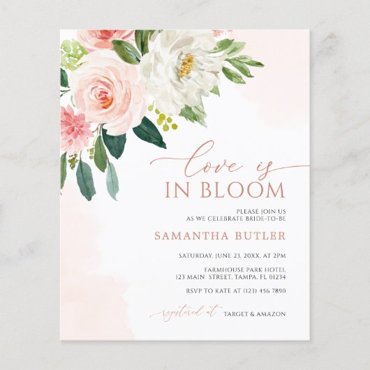 Liefde is in Bloom Blush Bridal Shower Uitnodiging (Voorkant)