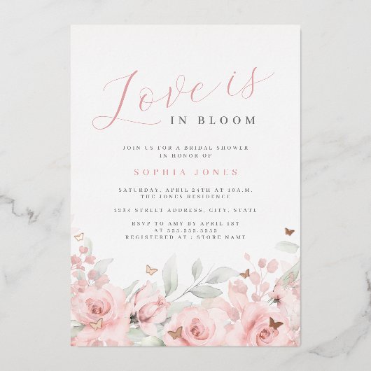 Liefde is in Bloom Blush Roos Goud Vrijgezellenfee Folie Uitnodiging (Voorkant)