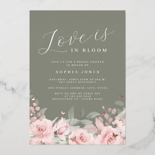 Liefde is in Bloom Blush Sage Vrijgezellenfeest Folie Uitnodiging (Voorkant)
