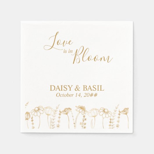 Liefde is in Bloom Gold Wildflower Schets Bruiloft Servet (Voorkant)