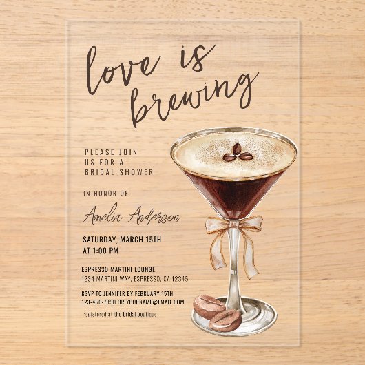 Liefde is in de lucht Espresso Martini Bruidsfeest Acryl Uitnodigingen (Voorkant)