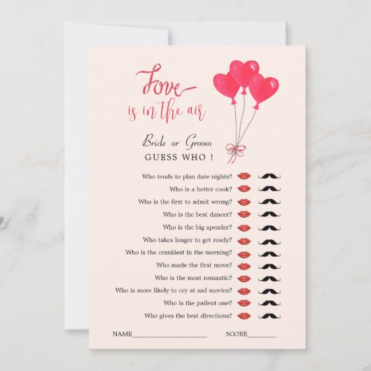 Liefde is in de lucht Raad wie Bruidsshower spel  Kaart (Voorkant)