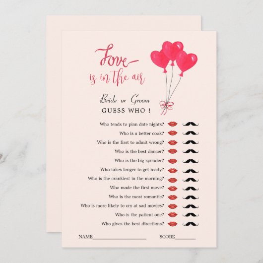 Liefde is in de lucht Raad wie bruiloftsspel  Kaart (Voorkant / Achterkant)