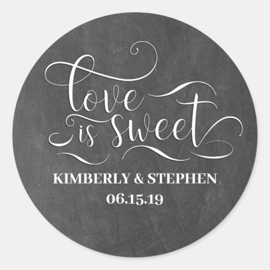 Liefde is Lief Elegant Script Chalkboard Bruiloft Ronde Sticker (Voorkant)
