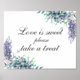 Liefde is lief, neem een traktatie. Paars bloemen. Poster