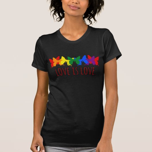 Liefde is liefde vlinder regenboog zwart t-shirt (Voorkant)